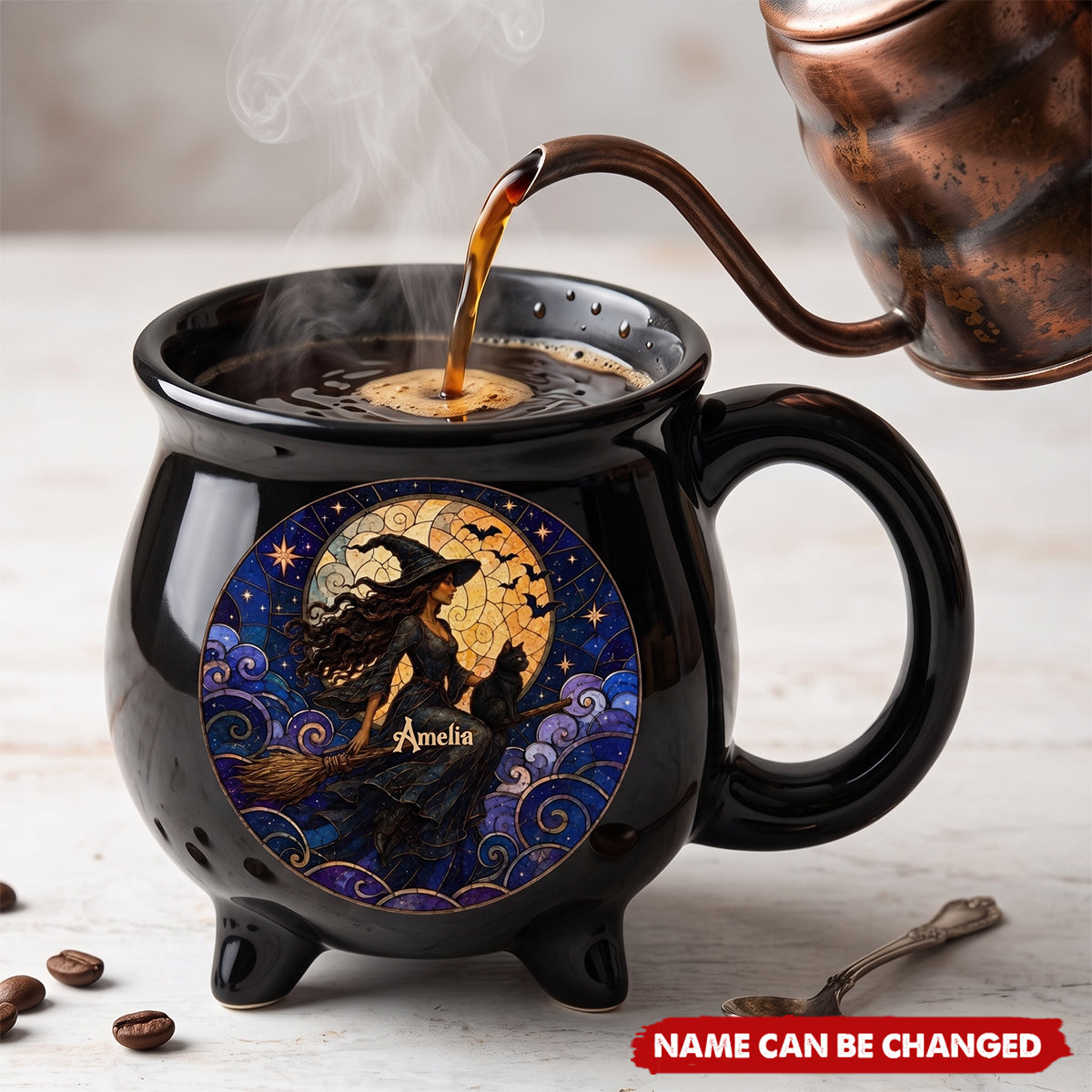 Custom Ceramic Cauldron Coffee Mug - Personalized Halloween Witchy Gifts For Wife, Daughter, Besties, Sisters, Granddaughter, Grandma, Mom, Yourself - Flying High In The Midnight Sky