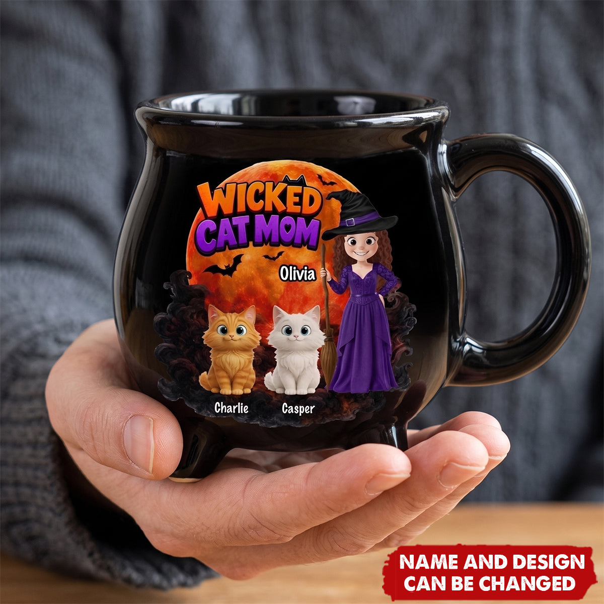 Custom Ceramic Cauldron Coffee Mug - Personalized Halloween Witchy Gifts For Cat Lovers, Cat Mom And Dad - The Witching Hour With My Cats