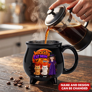 Custom Ceramic Cauldron Coffee Mug - Personalized Halloween Witchy Gifts For Cat Lovers, Cat Mom And Dad - The Witching Hour With My Cats