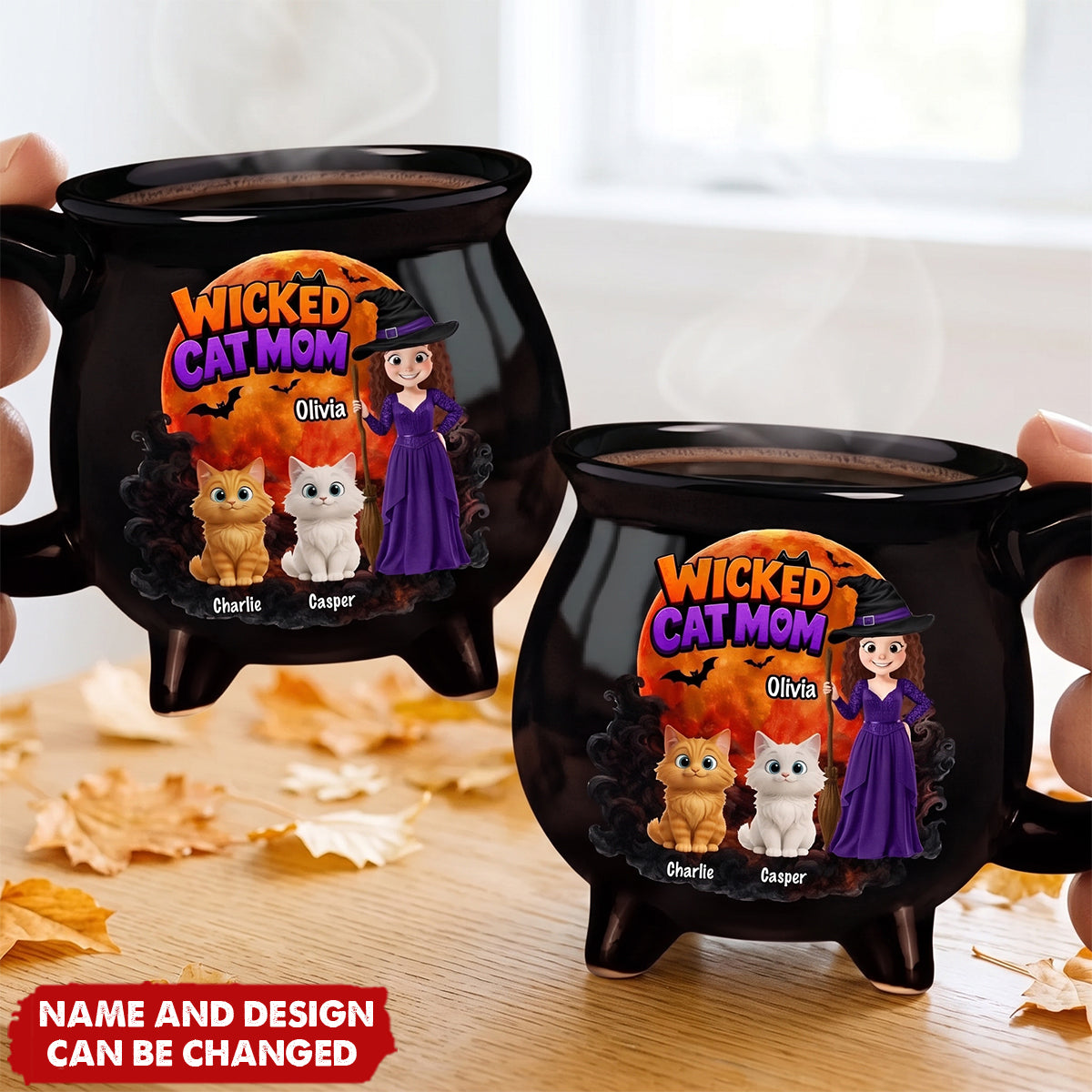 Custom Ceramic Cauldron Coffee Mug - Personalized Halloween Witchy Gifts For Cat Lovers, Cat Mom And Dad - The Witching Hour With My Cats