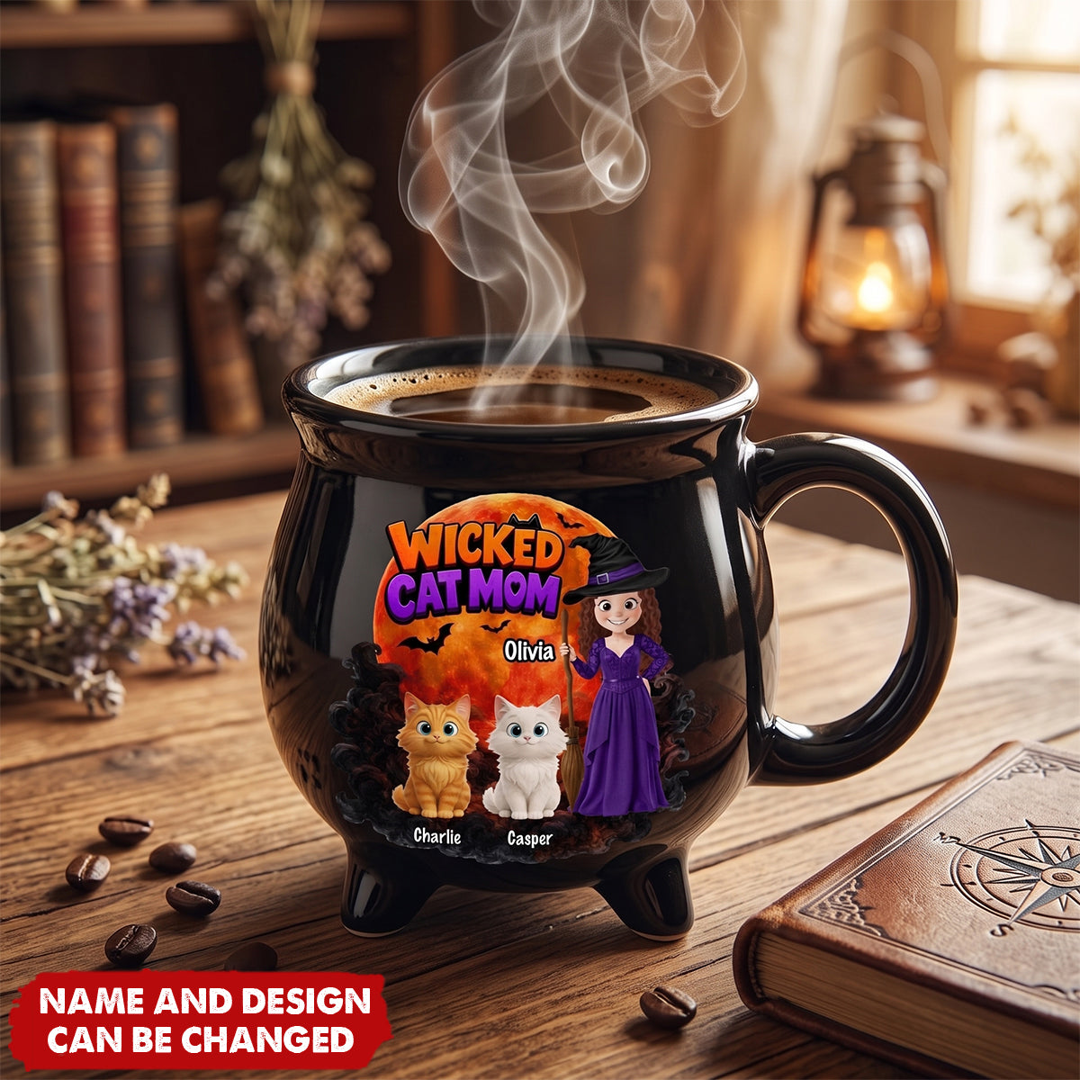 Custom Ceramic Cauldron Coffee Mug - Personalized Halloween Witchy Gifts For Cat Lovers, Cat Mom And Dad - The Witching Hour With My Cats
