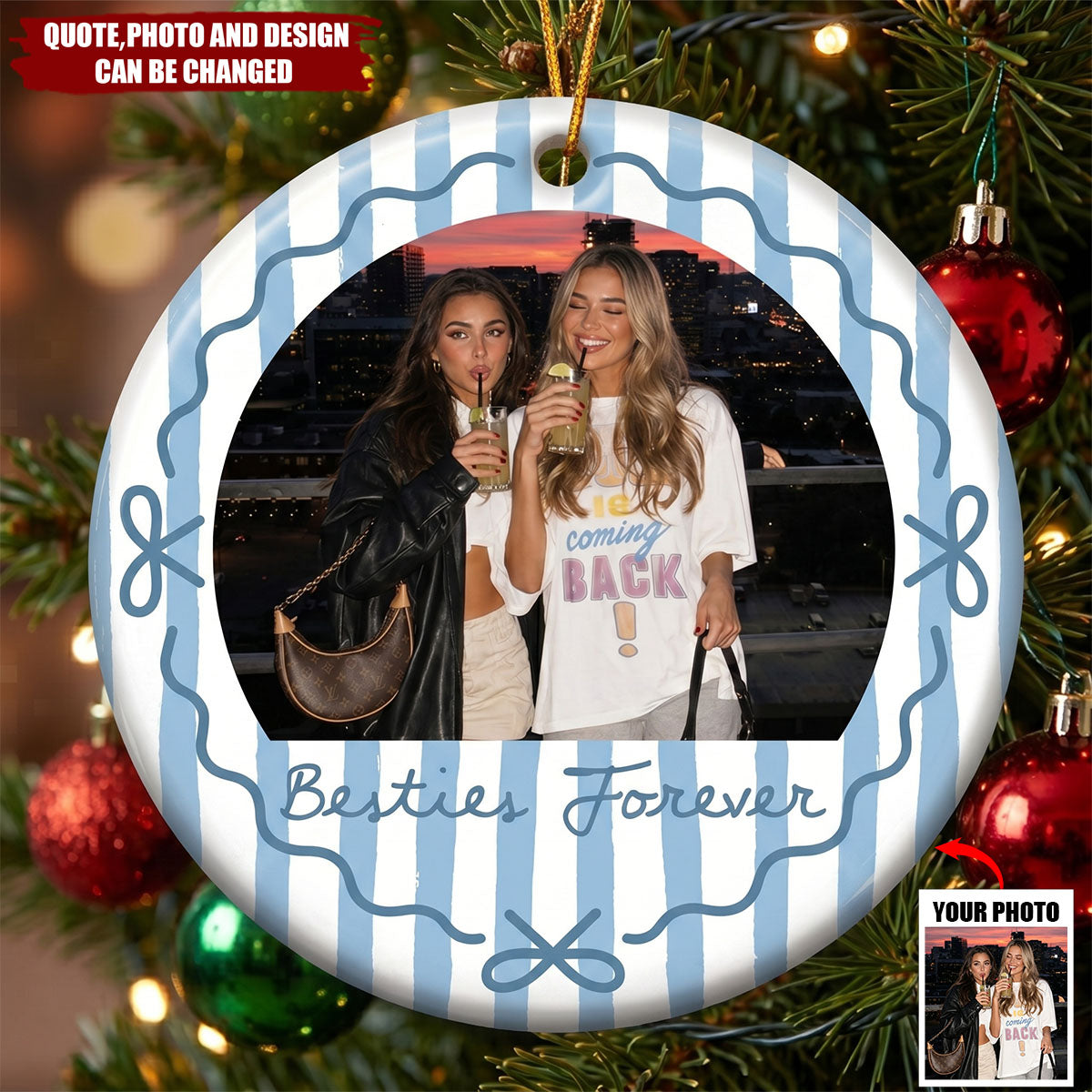 Custom Photo Ceramic Ornament - Personalized Ornament Besties Photo Striped Thank You Friendship Gifts