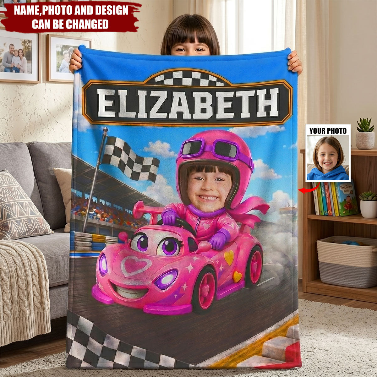 Custom Photo Kid Car Racing - Personalized Fleece Blanket, Sherpa Blanket