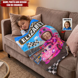 Custom Photo Kid Car Racing - Personalized Fleece Blanket, Sherpa Blanket
