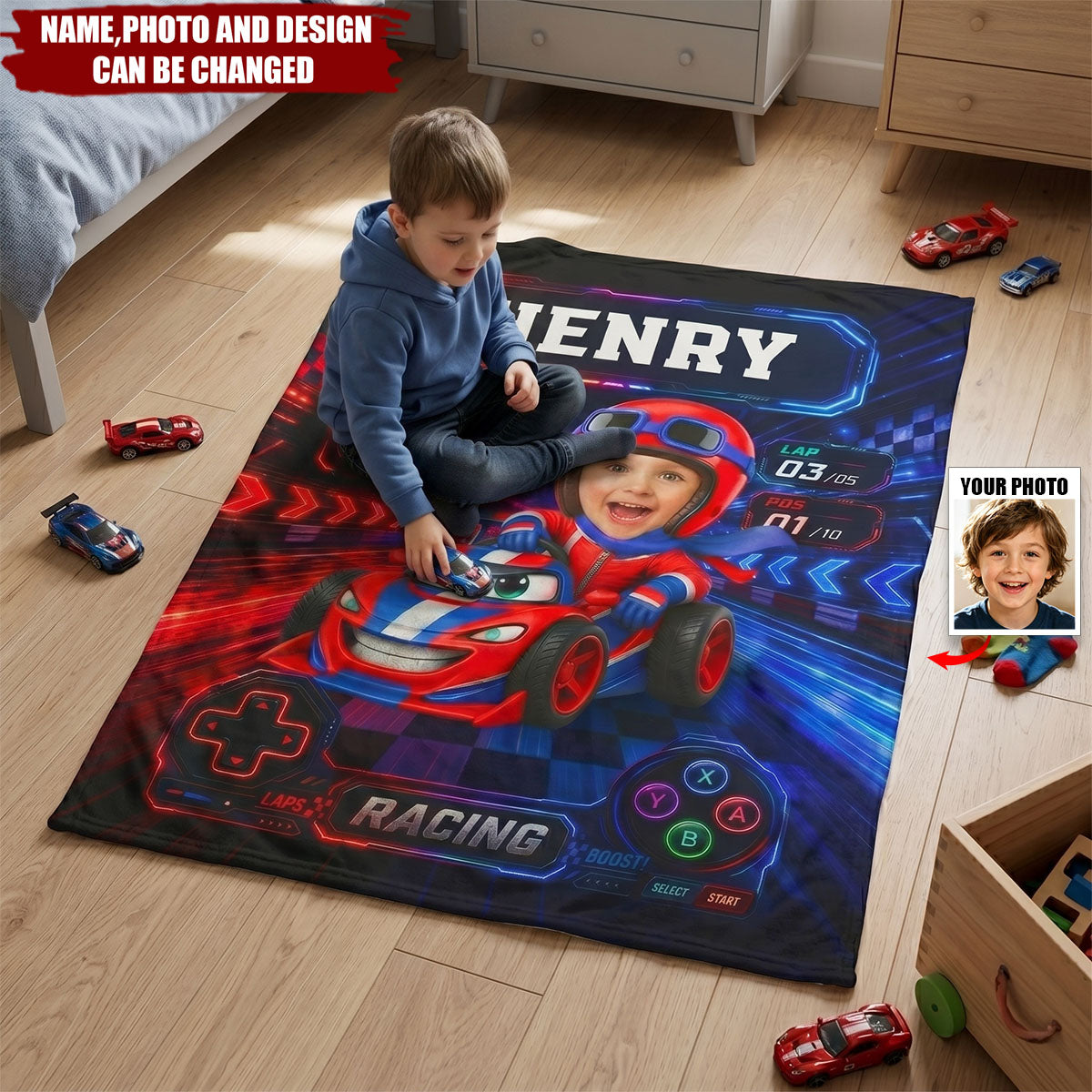 Custom Photo Kid Car Racing - Personalized Fleece Blanket, Sherpa Blanket