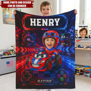 Custom Photo Kid Car Racing - Personalized Fleece Blanket, Sherpa Blanket