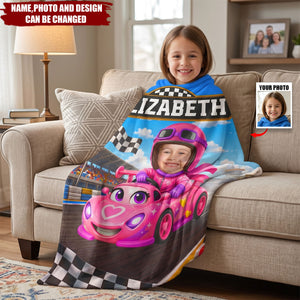 Custom Photo Kid Car Racing - Personalized Fleece Blanket, Sherpa Blanket