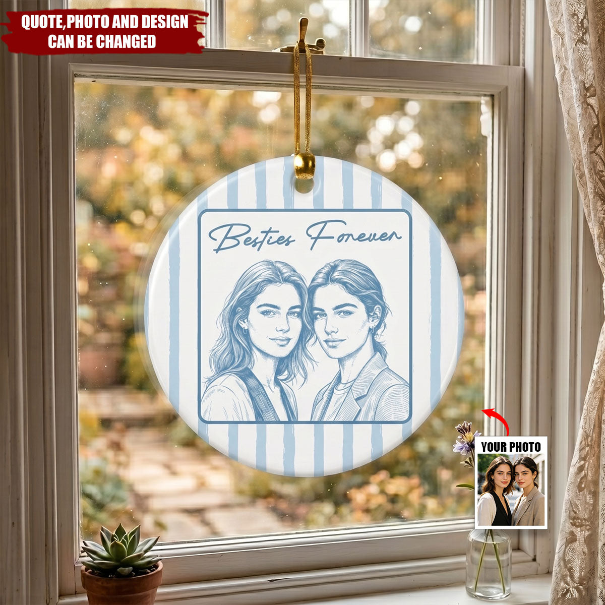 Custom Friend Photo Art Ceramic Ornament  - Personalized Ornament - Sketch Stripes, Thank You Friendship Gifts