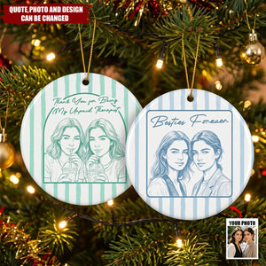 Custom Friend Photo Art Ceramic Ornament  - Personalized Ornament - Sketch Stripes, Thank You Friendship Gifts