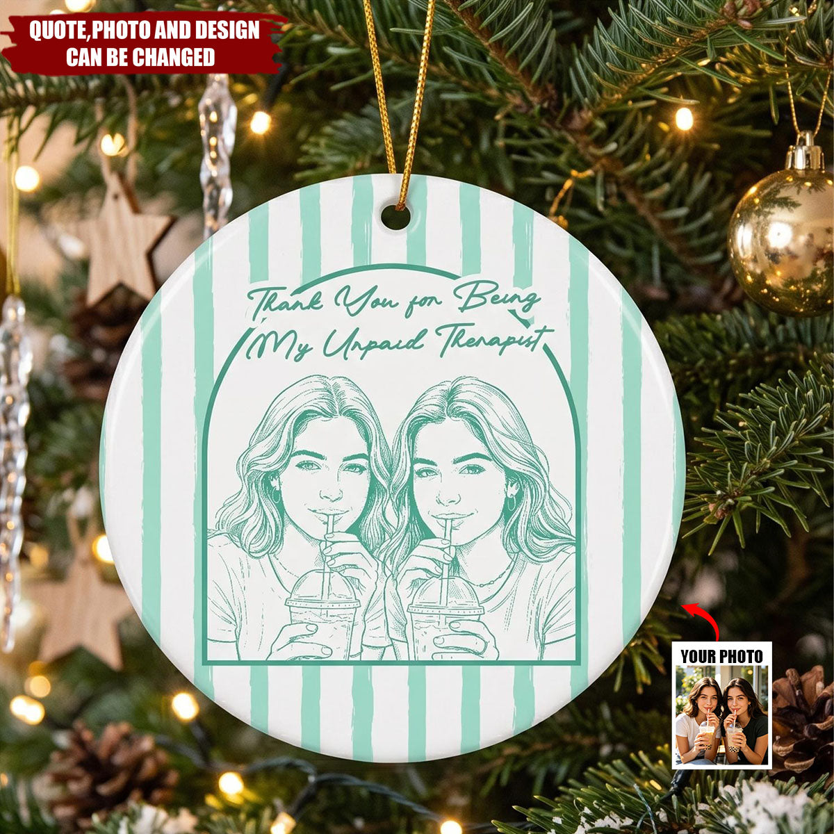 Custom Friend Photo Art Ceramic Ornament  - Personalized Ornament - Sketch Stripes, Thank You Friendship Gifts