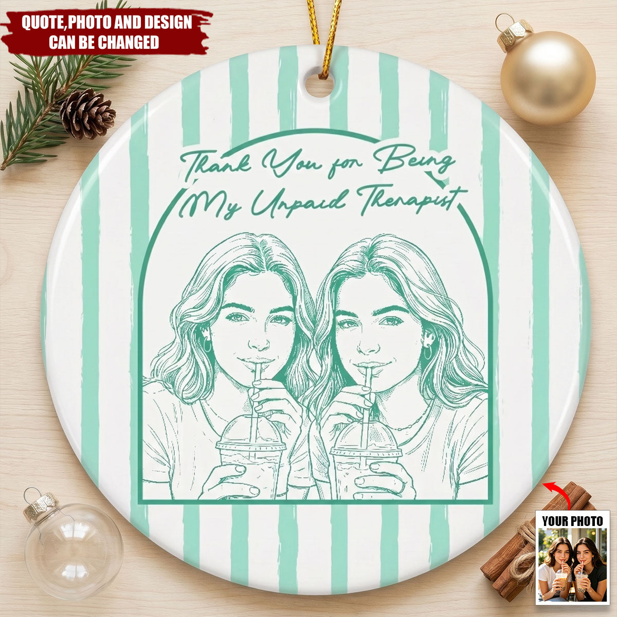 Custom Friend Photo Art Ceramic Ornament  - Personalized Ornament - Sketch Stripes, Thank You Friendship Gifts