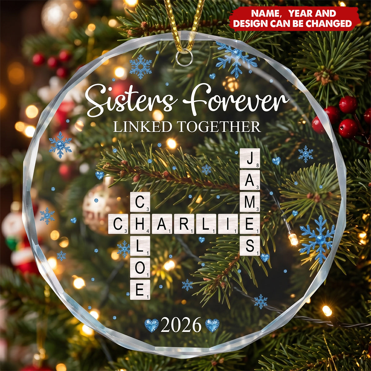 Brothers & Sisters Forever Linked Together - Custom Scrabble Crosswords Family Names - Personalized Ornament