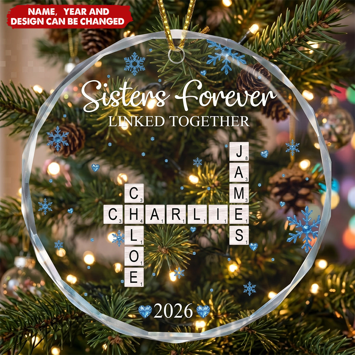 Brothers & Sisters Forever Linked Together - Custom Scrabble Crosswords Family Names - Personalized Ornament