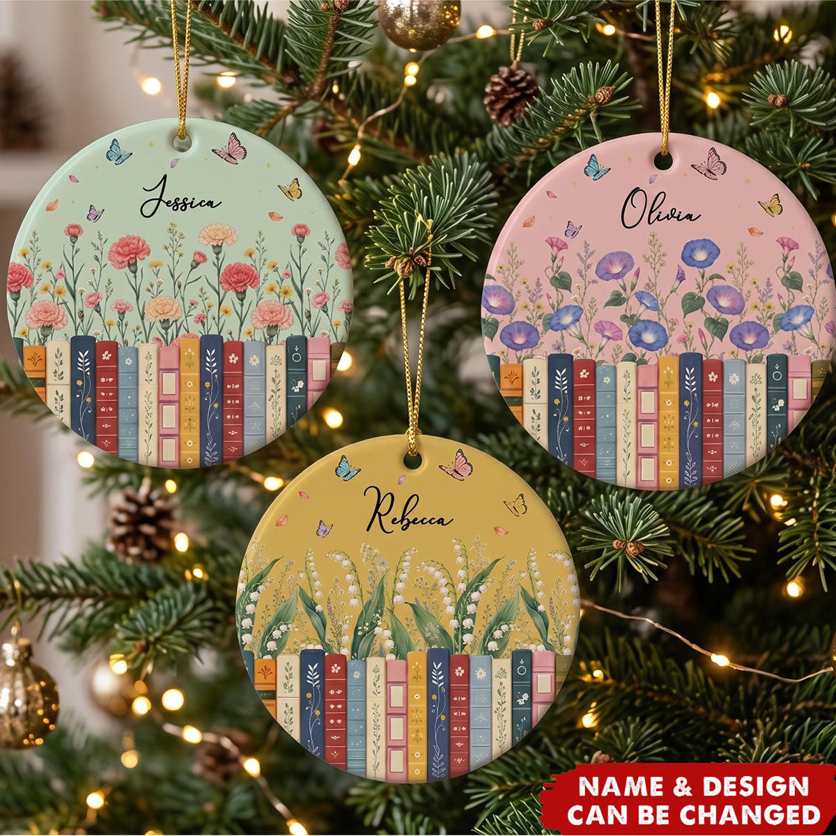 Custom Name & Birthflower For Book Lovers - Personalized Ornament
