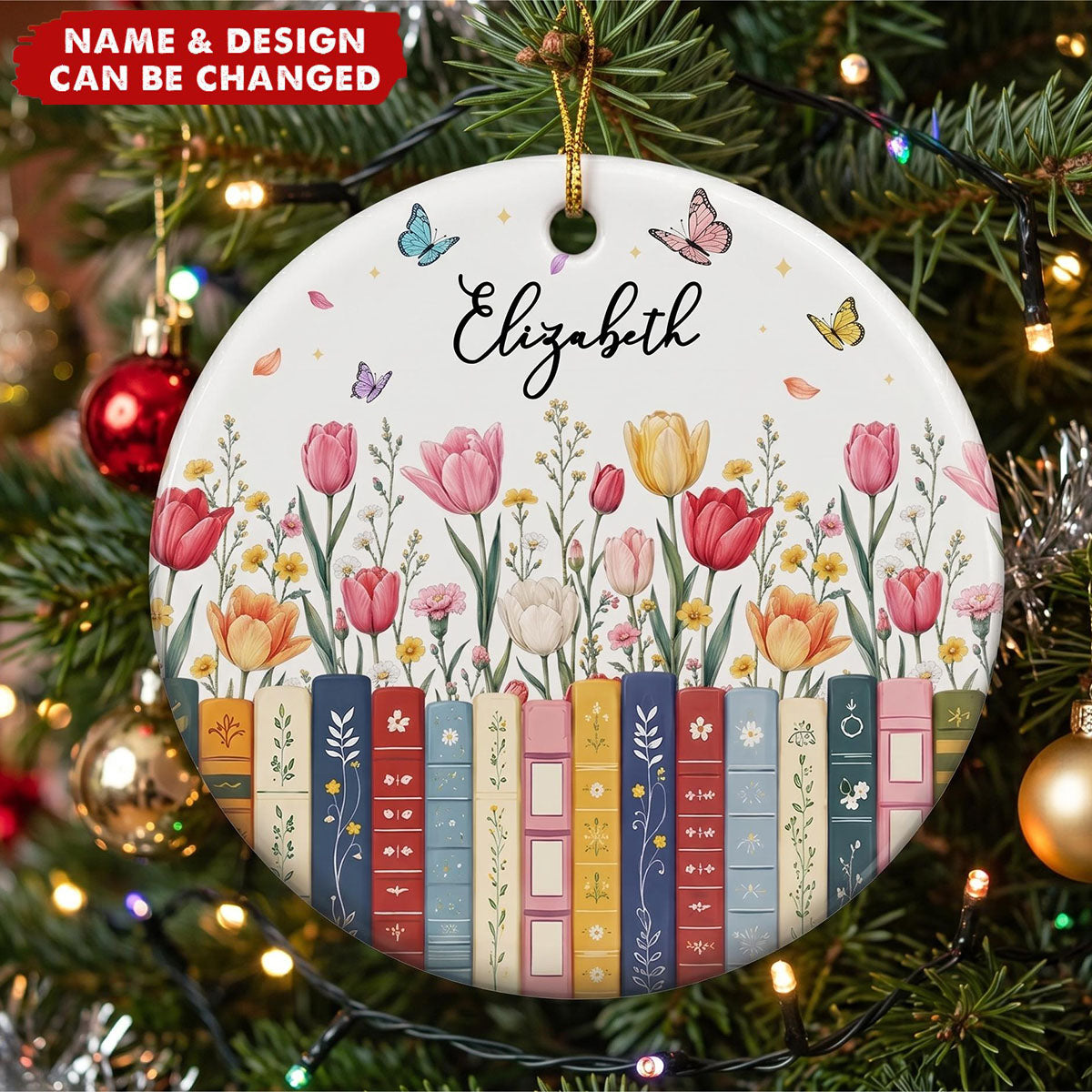 Custom Name & Birthflower For Book Lovers - Personalized Ornament
