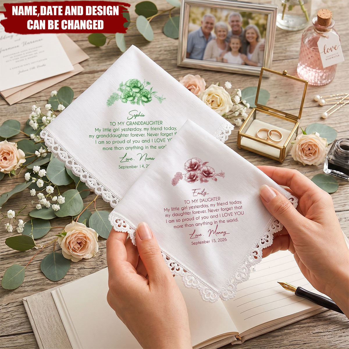 Birth Flower Toile Blue Wedding Bridal To Daughter Granddaughter - Personalized Handkerchief