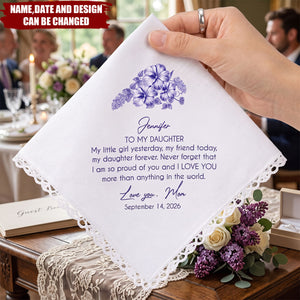 Birth Flower Toile Blue Wedding Bridal To Daughter Granddaughter - Personalized Handkerchief