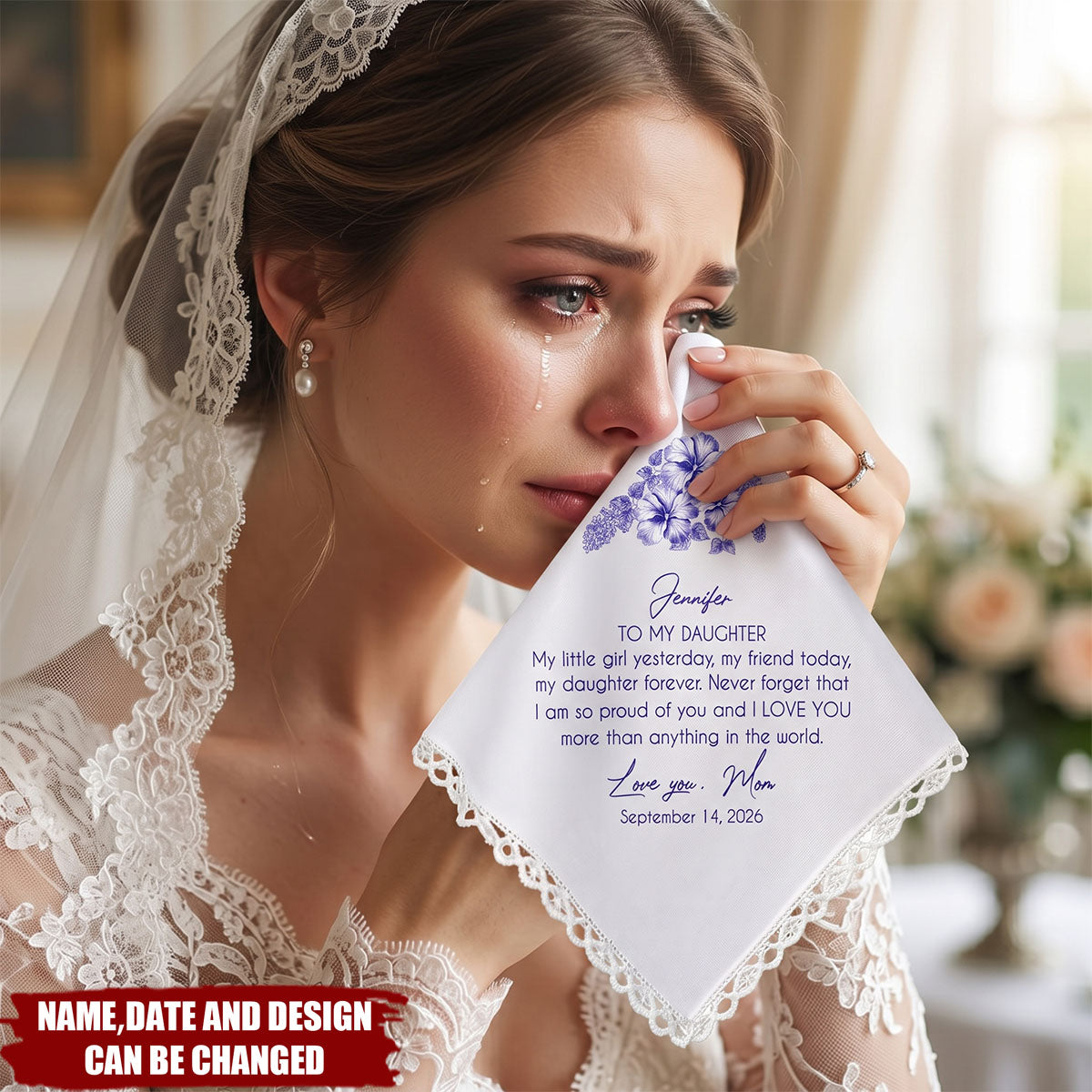 Birth Flower Toile Blue Wedding Bridal To Daughter Granddaughter - Personalized Handkerchief