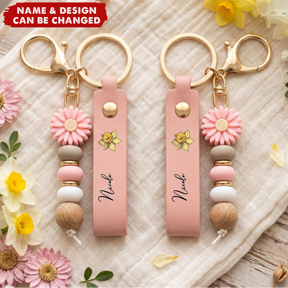 Custom Birth Flower & Name For Friends, Coworkers, Daughter, Self Gift - Personalized Beaded Keychain