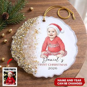 Baby First Christmas Custom Photo Watercolor Style Milestone Keepsake - Personalized Resin Ornament