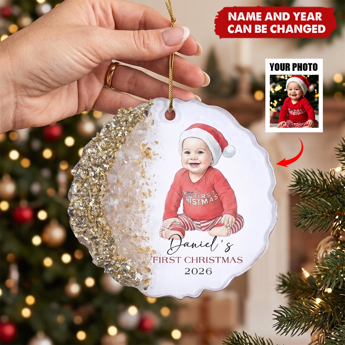 Baby First Christmas Custom Photo Watercolor Style Milestone Keepsake - Personalized Resin Ornament
