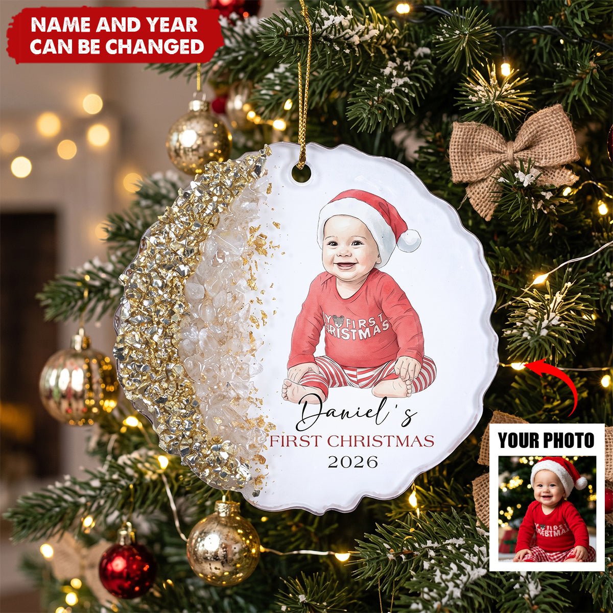 Baby First Christmas Custom Photo Watercolor Style Milestone Keepsake - Personalized Resin Ornament