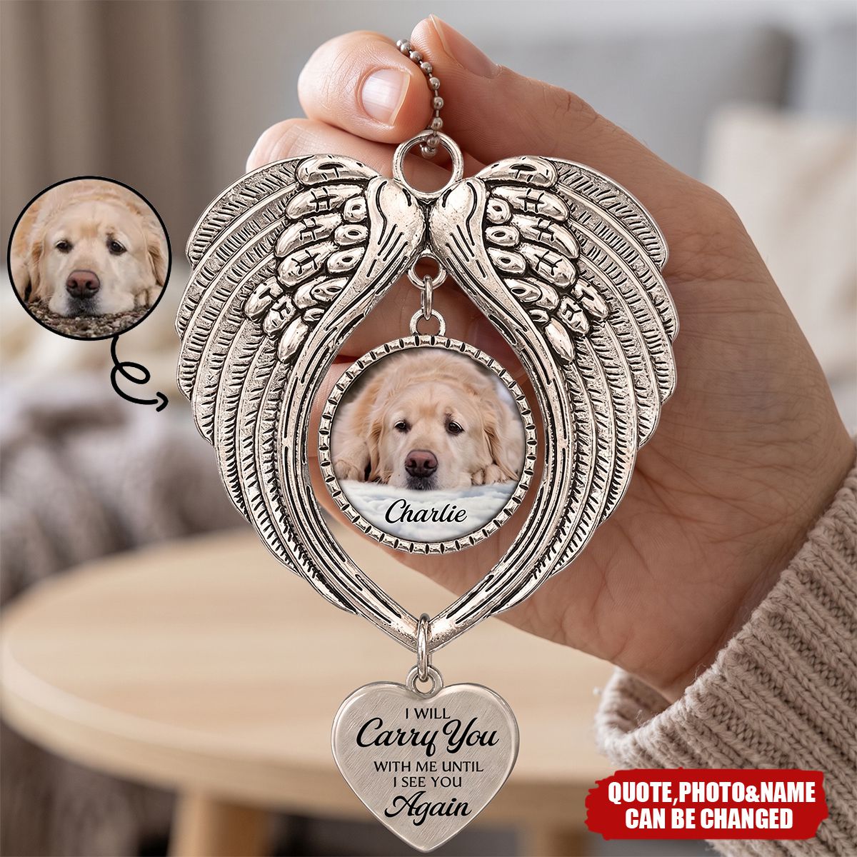 Custom Photo Memorial Pet I Will Carry You With Me - Personalized Angel Wings Photo Ornament