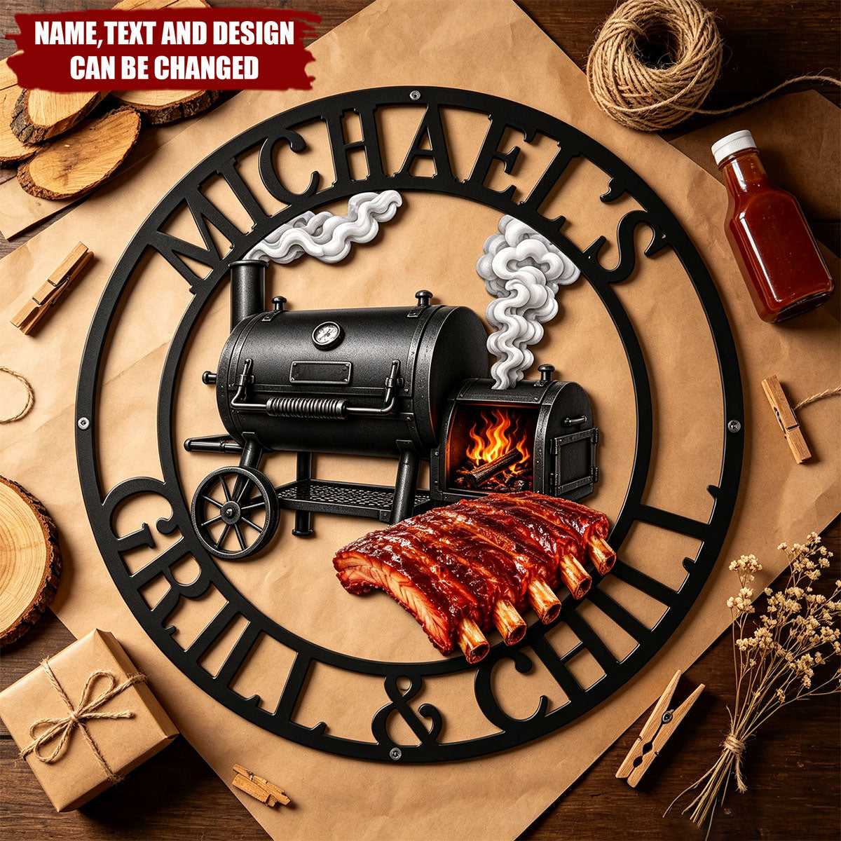 Custom BBQ Shaped Metal Sign - Personalized Grilling Gifts For BBQ Lovers, Family, Friend, Yourself - Smoke Fire Good Times