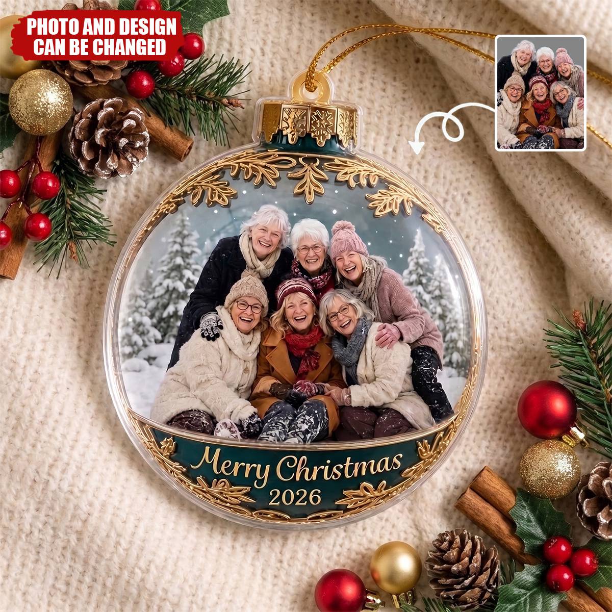 Custom Photo Acrylic Ornament - Personalized Christmas Birthday Gifts For Women, Besties, Sisters, BFF - Good Vibes Hang Here