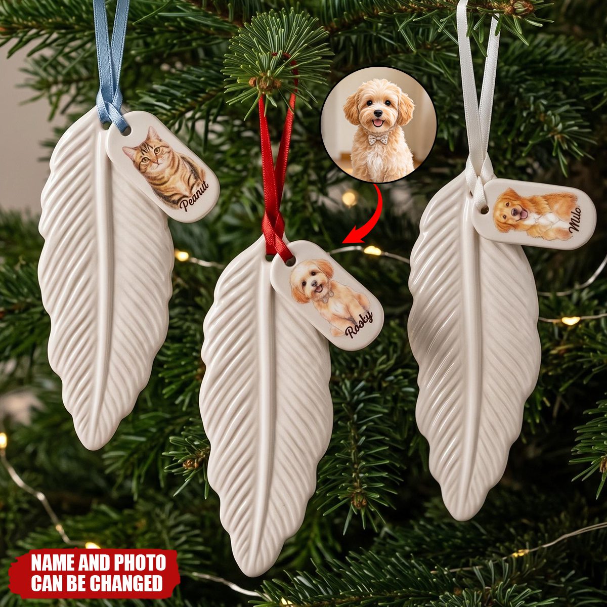 Custom Photo Vivid Watercolor Art Dog Cat Pet Memorial Christmas - Personalized Feather Ornament