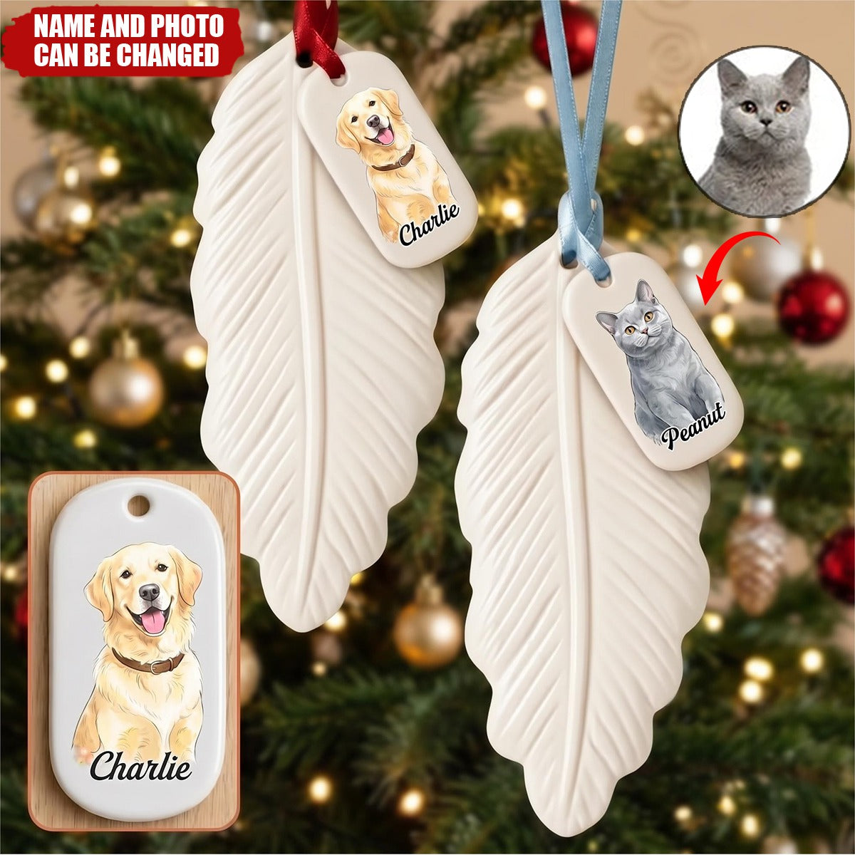 Custom Photo Vivid Watercolor Art Dog Cat Pet Memorial Christmas - Personalized Feather Ornament