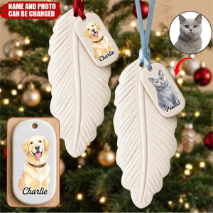 Custom Photo Vivid Watercolor Art Dog Cat Pet Memorial Christmas - Personalized Feather Ornament