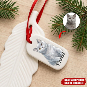 Custom Photo Vivid Watercolor Art Dog Cat Pet Memorial Christmas - Personalized Feather Ornament