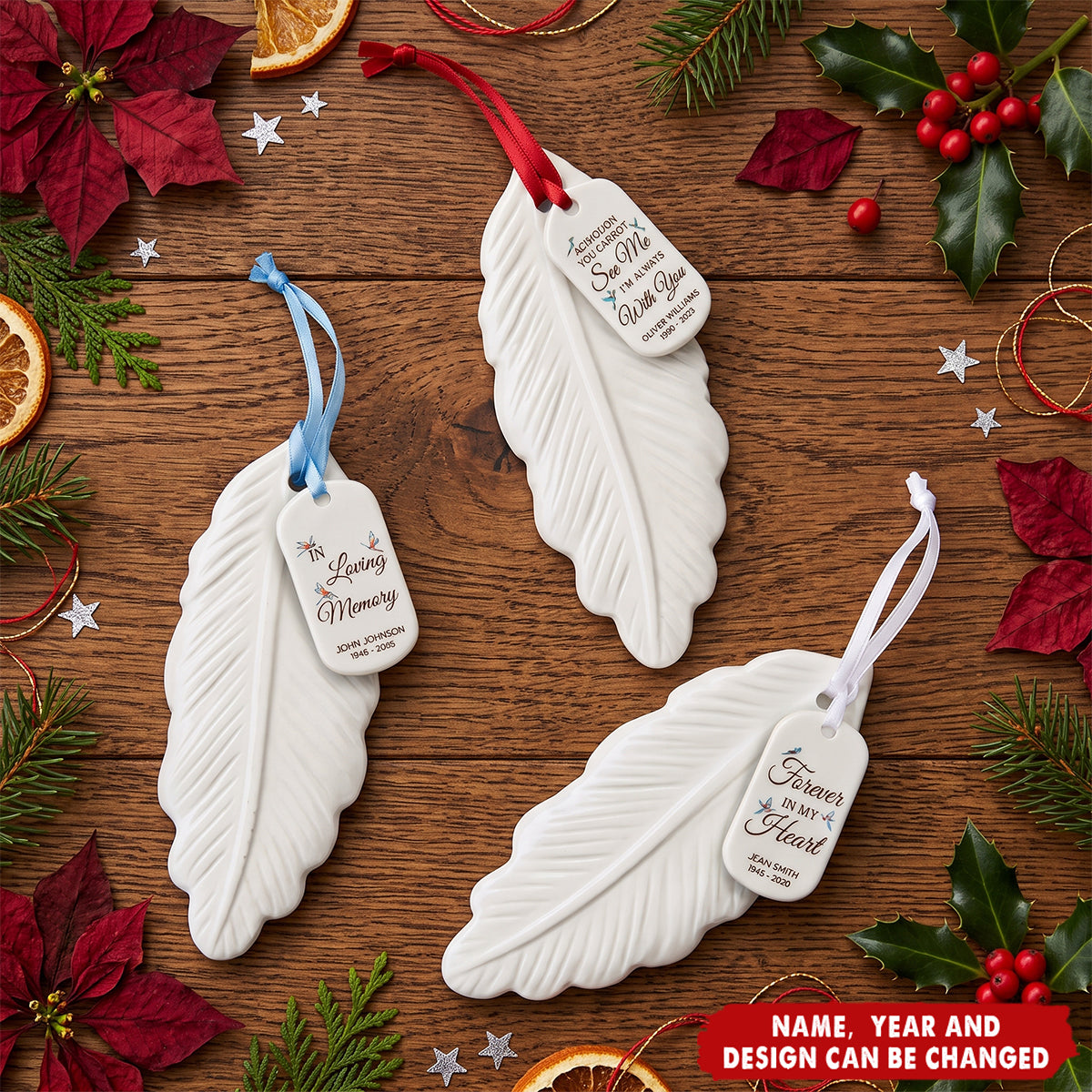 In Loving Memory Christmas Sympathy Gift - Personalized Feather Ornament