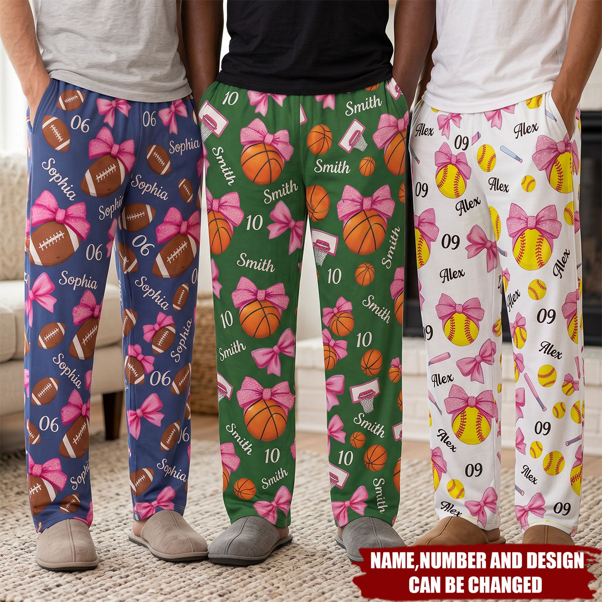 Coquette Bow Personalized Sports Lounge Pants, Custom Name & Number, Cute Gift for Softball, Football & Basketball Players