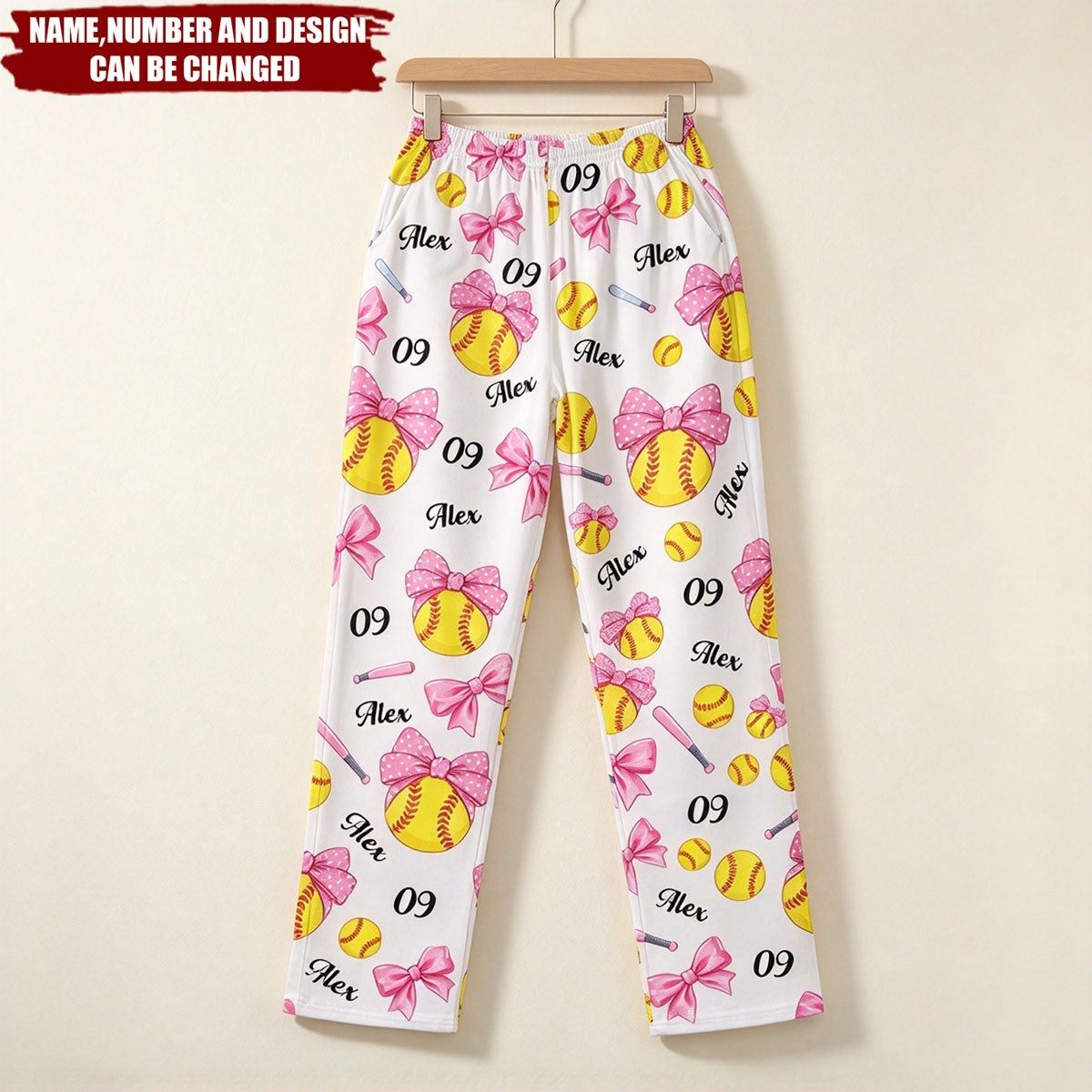 Coquette Bow Personalized Sports Lounge Pants, Custom Name & Number, Cute Gift for Softball, Football & Basketball Players