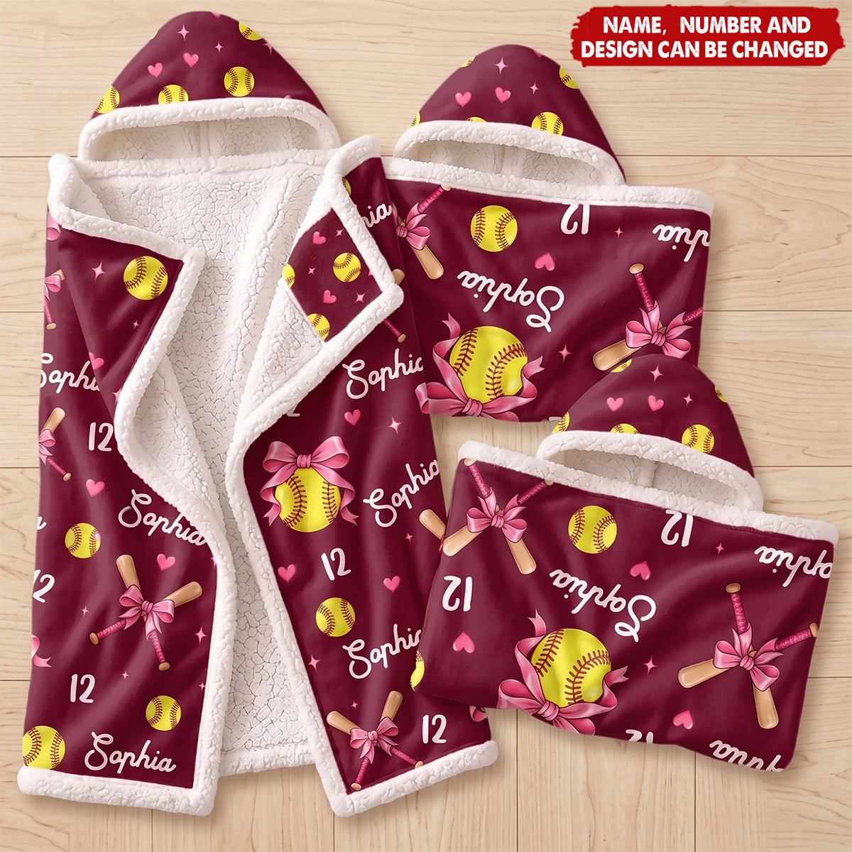 Gift For Softball Player - Personalized Name Number Coquette Bow Wearable Hooded Blanket