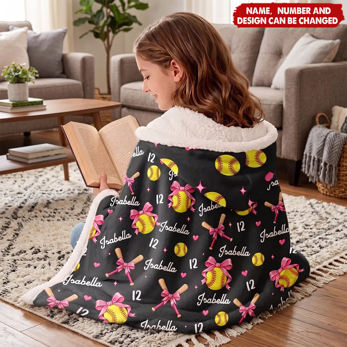 Gift For Softball Player - Personalized Name Number Coquette Bow Wearable Hooded Blanket