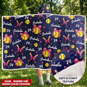 Gift For Softball Player - Personalized Name Number Coquette Bow Wearable Hooded Blanket