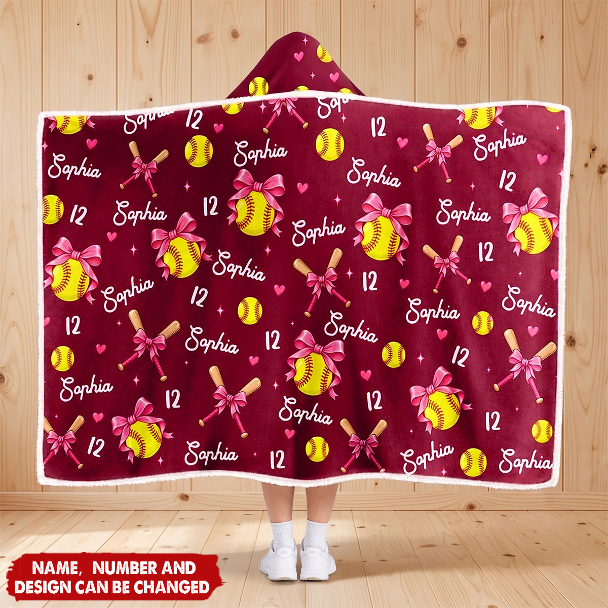 Gift For Softball Player - Personalized Name Number Coquette Bow Wearable Hooded Blanket