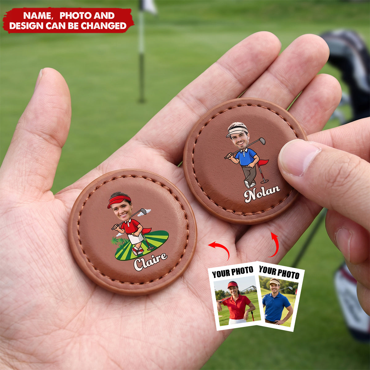 Personalized Cartoon Golfer Character Face Photo PU Leather Magnetic Golf Ball Marker with Name Birthday Gift for Golf Lovers