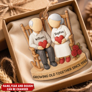 Old Couple Sitting on Chair - Personalized Wooden Ornament