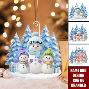 Snowman Grandma And Grandkids on Snow - Personalized Christmas Acrylic Ornament