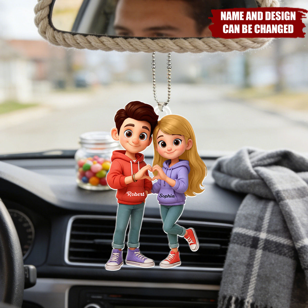 Cute Cartoon Couple Heartfelt Moment - Personalized Acrylic Car Hanger - Sentimental Gift for him, for her