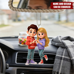 Cute Cartoon Couple Heartfelt Moment - Personalized Acrylic Car Hanger - Sentimental Gift for him, for her