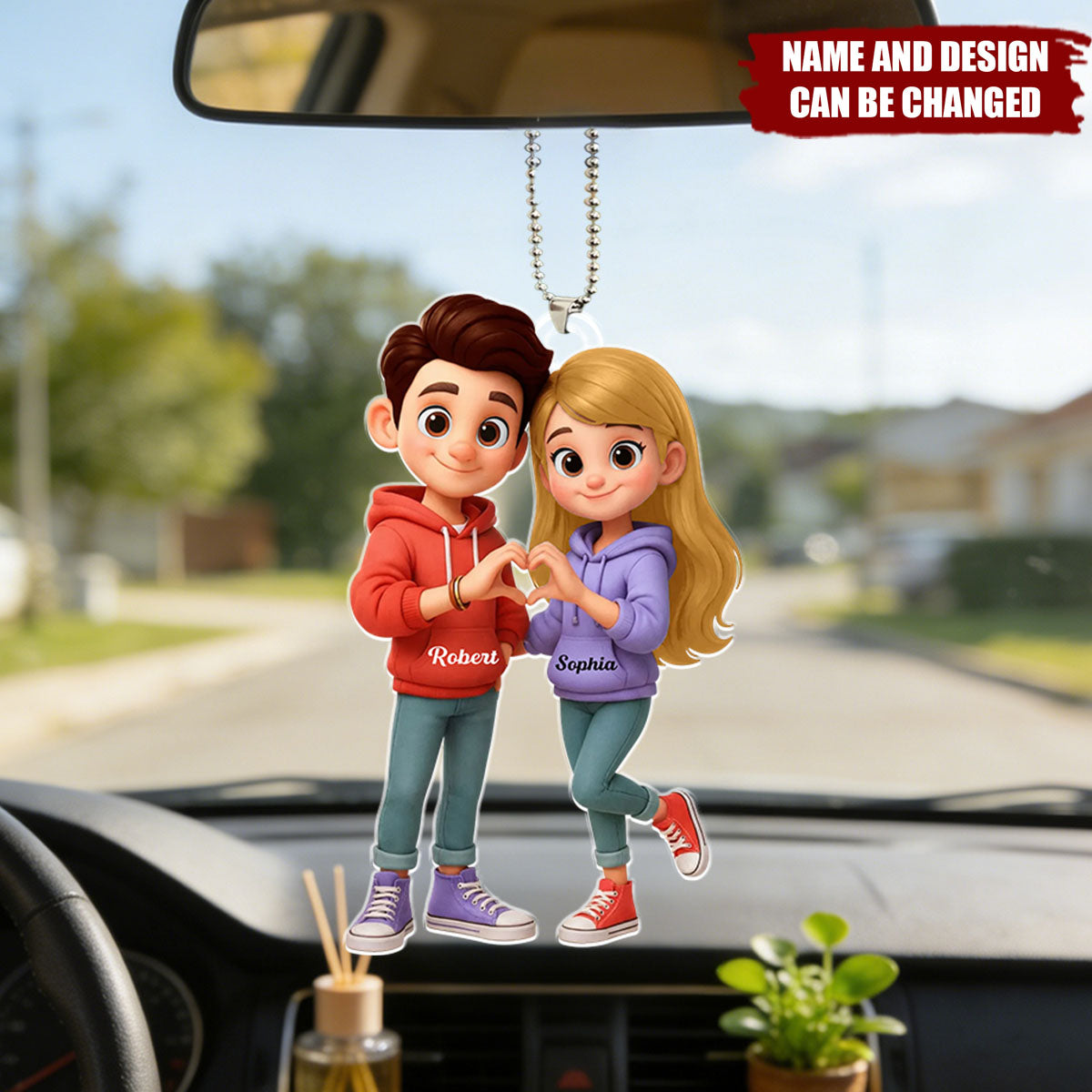 Cute Cartoon Couple Heartfelt Moment - Personalized Acrylic Car Hanger - Sentimental Gift for him, for her