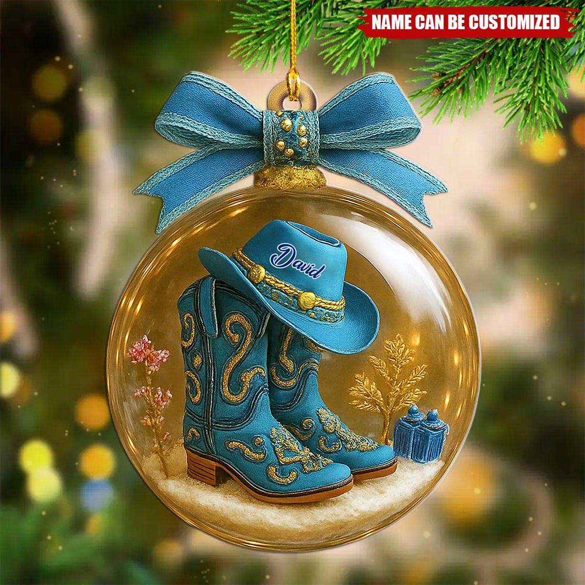 Personalized Blue Boot Cowboy Cowgirl Horseback Riding Christmas Ornament