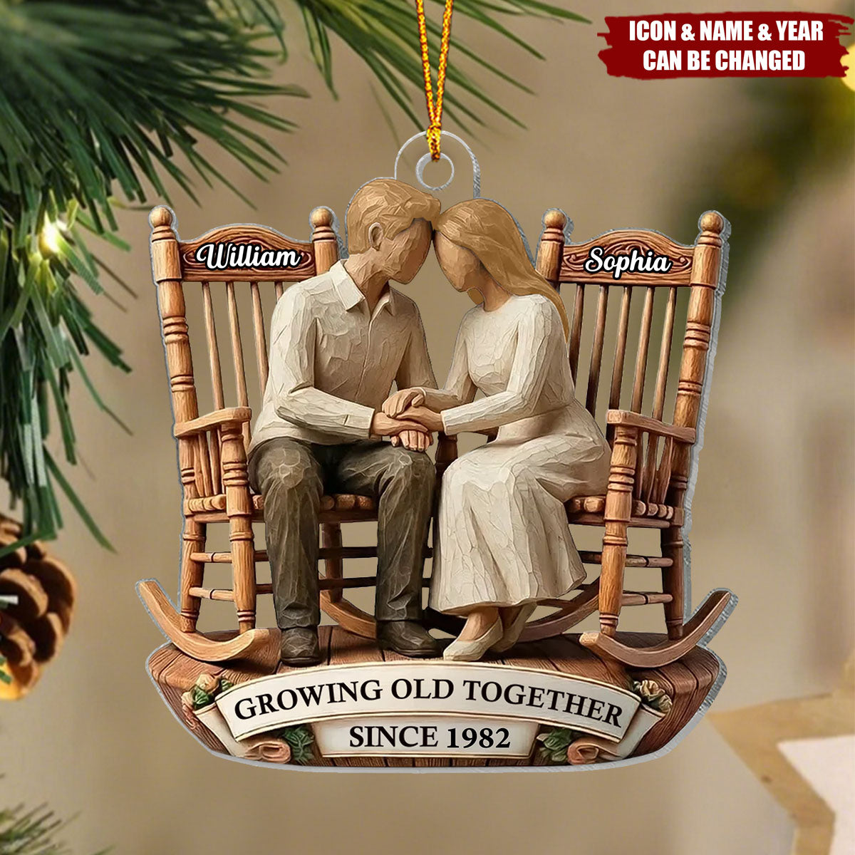 Couple Sitting On Rocking Chairs Faux Wood - Personalized Acrylic Ornament - Heartwarming Christmas Gift