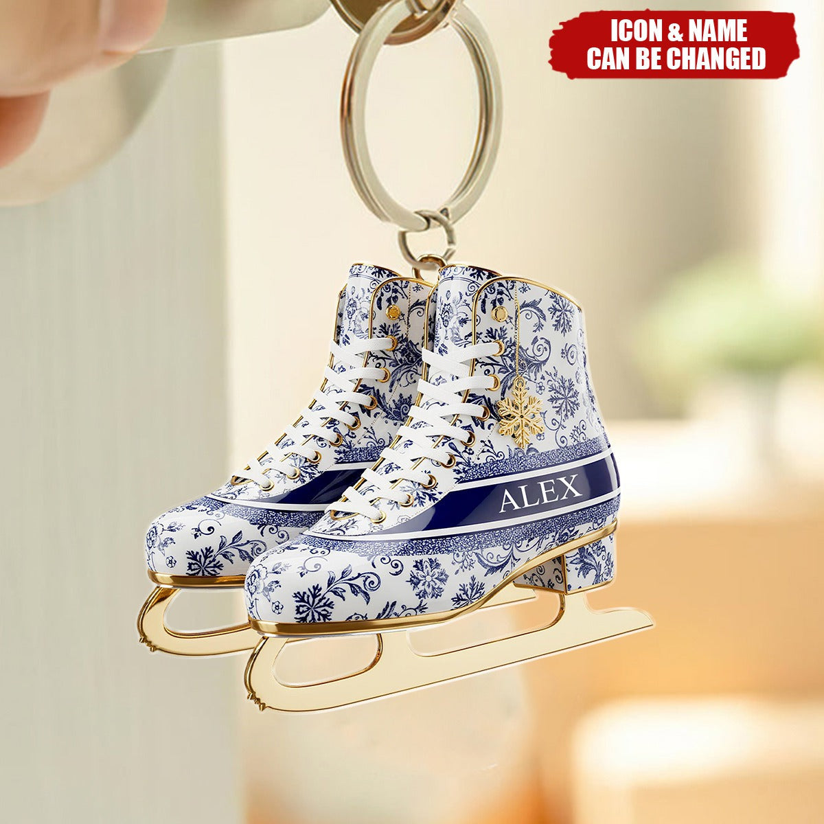 Personalized Winter Skating Toile de Jouy Acrylic Keychain, Gifts For Ice Skating Lovers, Winter Skating Decor
