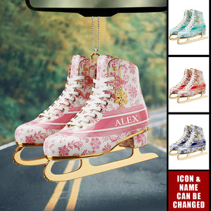 Personalized Winter Skating Toile de Jouy Car Ornament, Gifts For Ice Skating Lovers, Winter Skating Decor